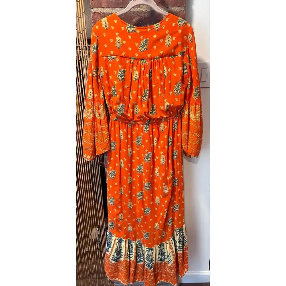 Label Ritu Kumar Rust Orange Boho Printed High-Low Maxi Dress Bell Sleeve Small